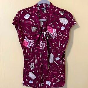 Talbots 100% Silk Top Blouse V-neck Tie Cap Sleeve  Raspberry Multicolor Size 14